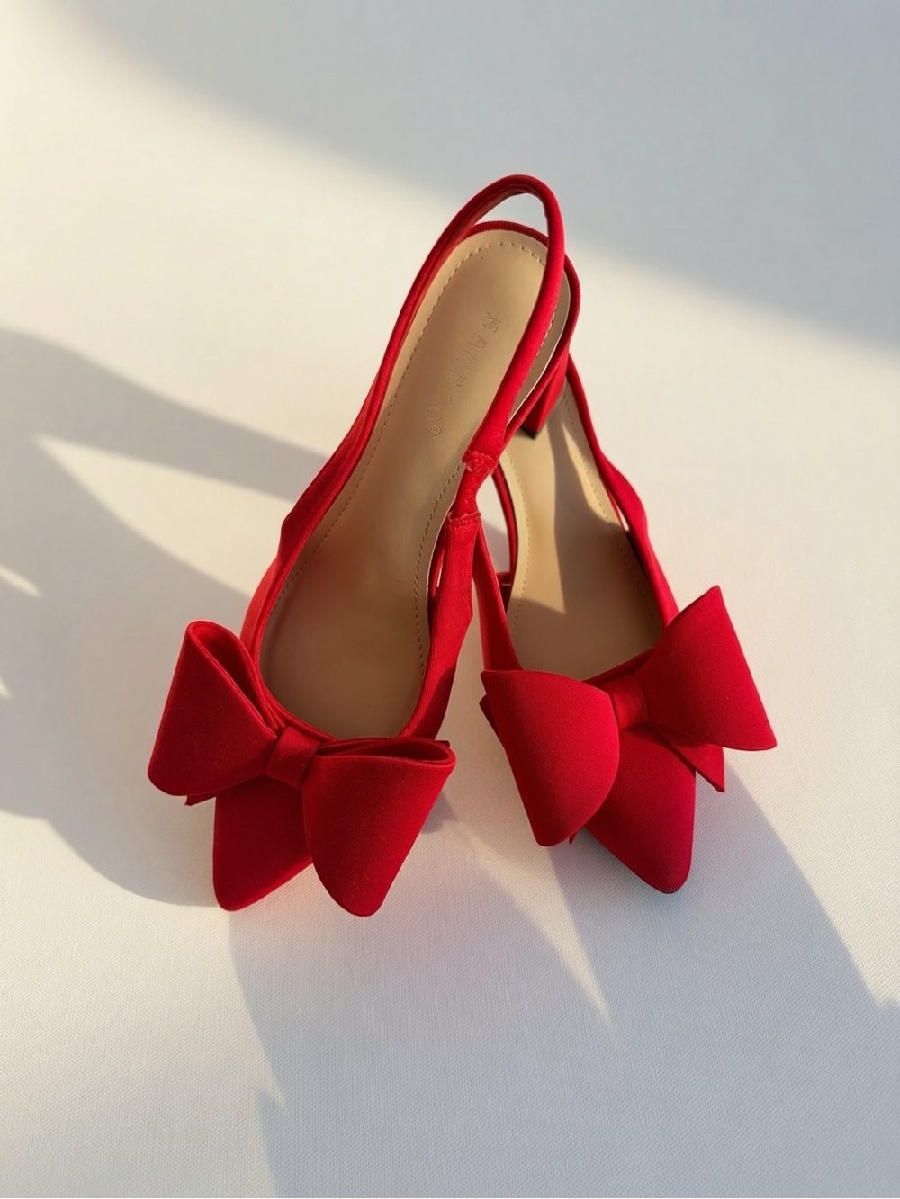 Red Bow Pointed Toe Slingback Blocked Heels- Women